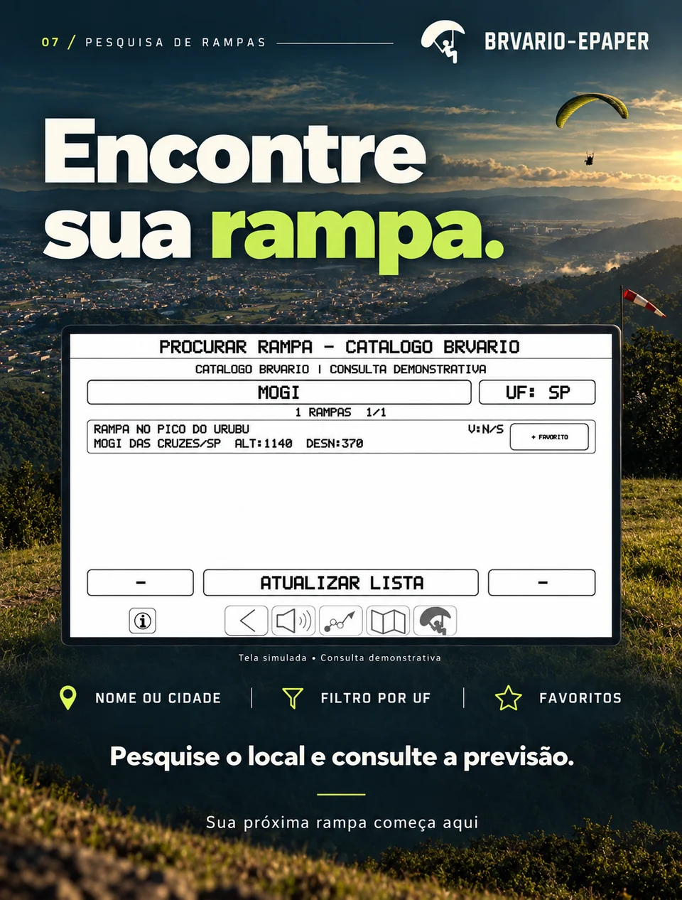 BRVARIO E-PAPER — Encontre sua rampa. Arte de divulgação com tela demonstrativa.