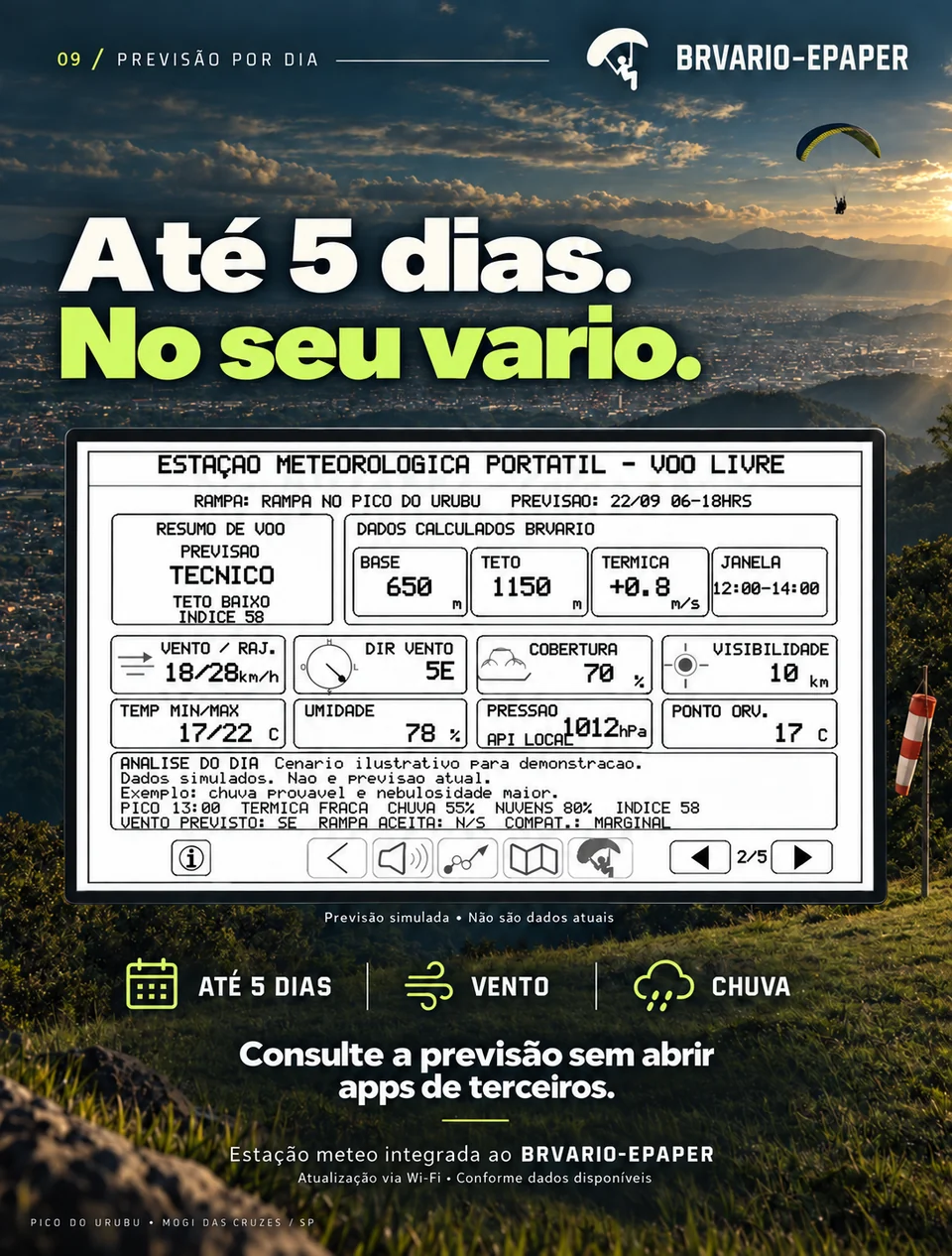 BRVARIO E-PAPER — Até cinco dias no seu vario. Arte de divulgação com tela demonstrativa.