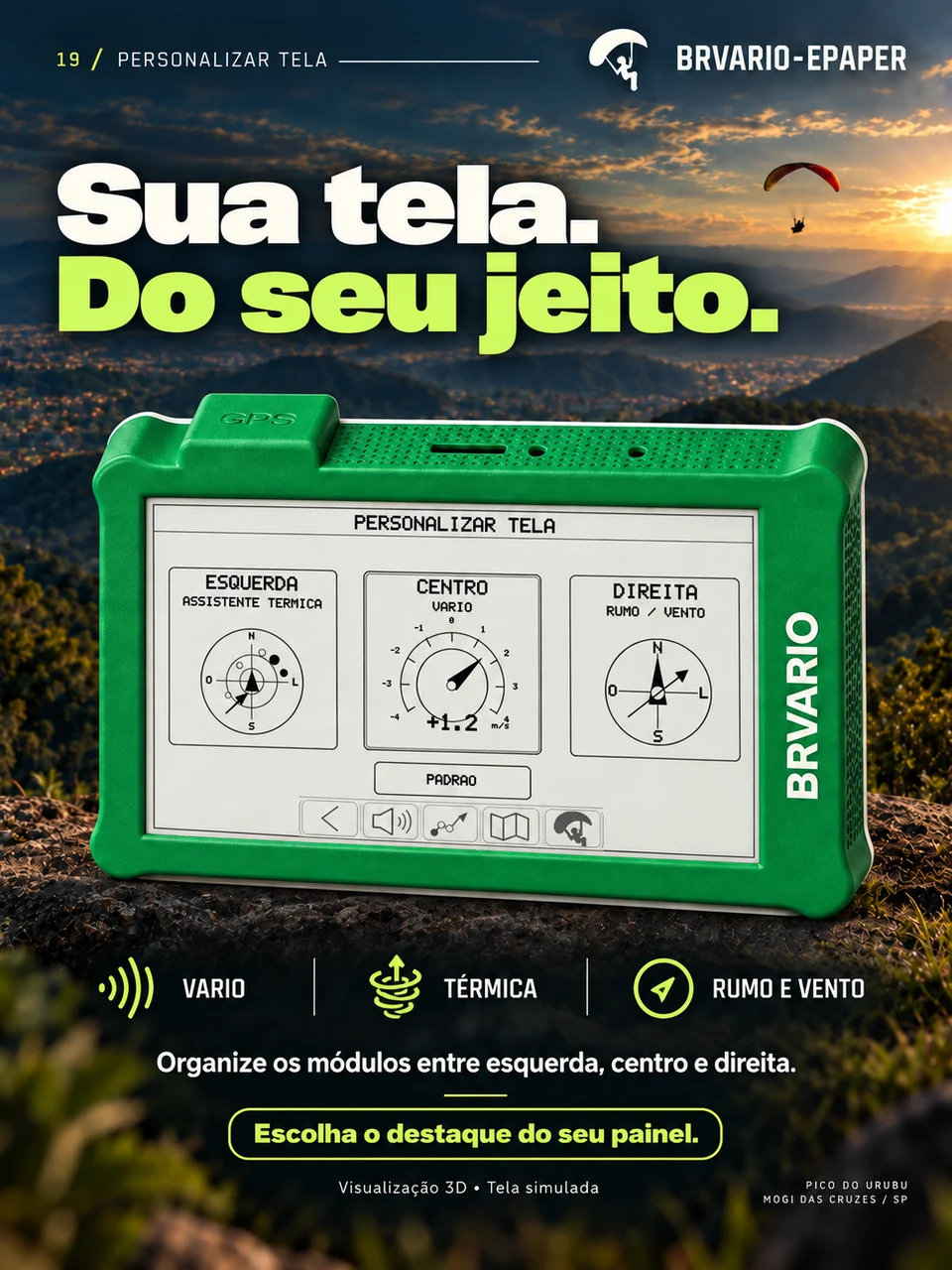 BRVARIO E-PAPER — Escolha o destaque do painel. Arte de divulgação com tela demonstrativa.