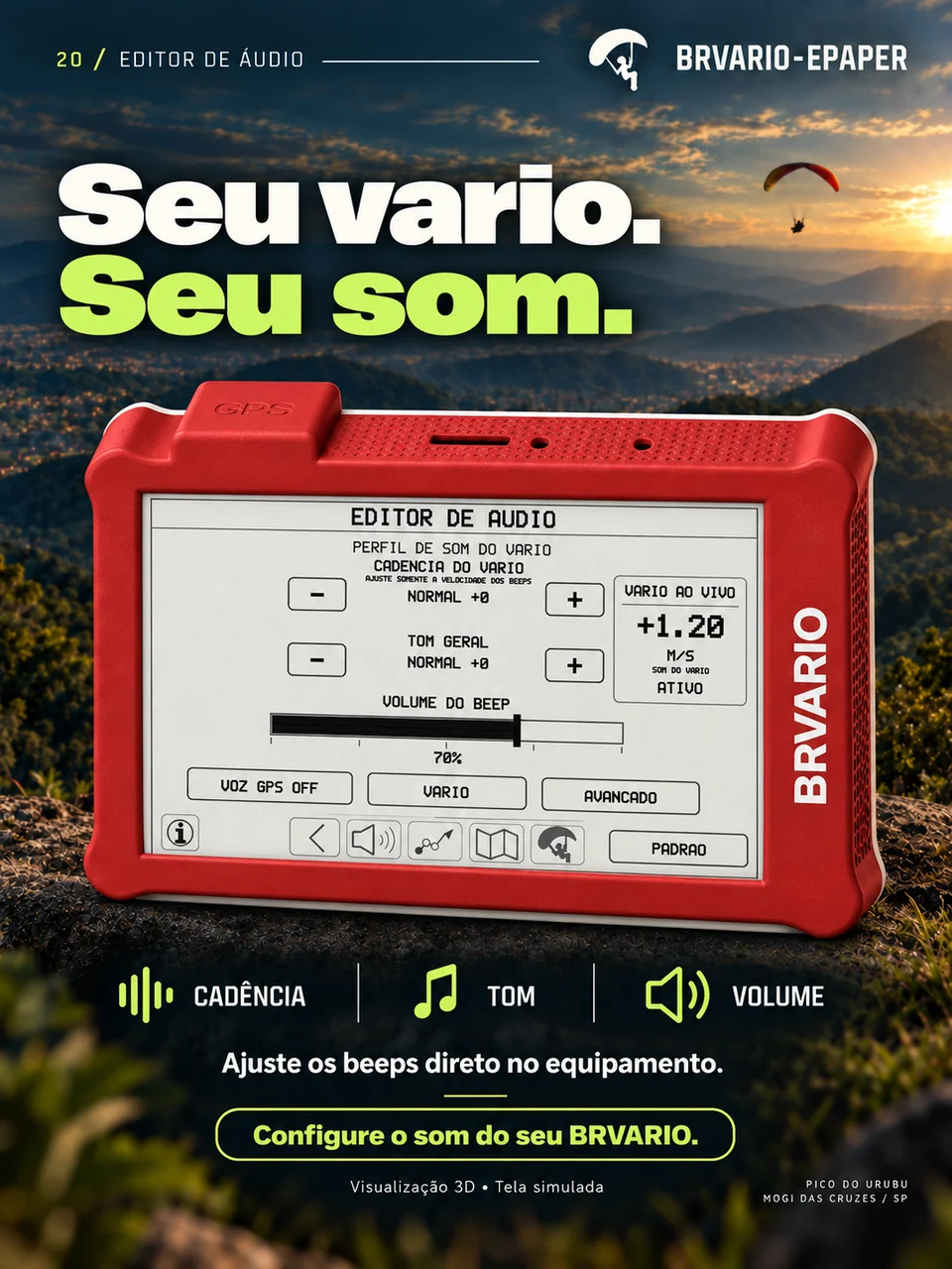 BRVARIO E-PAPER — Seu vario. Seu som. Arte de divulgação com tela demonstrativa.