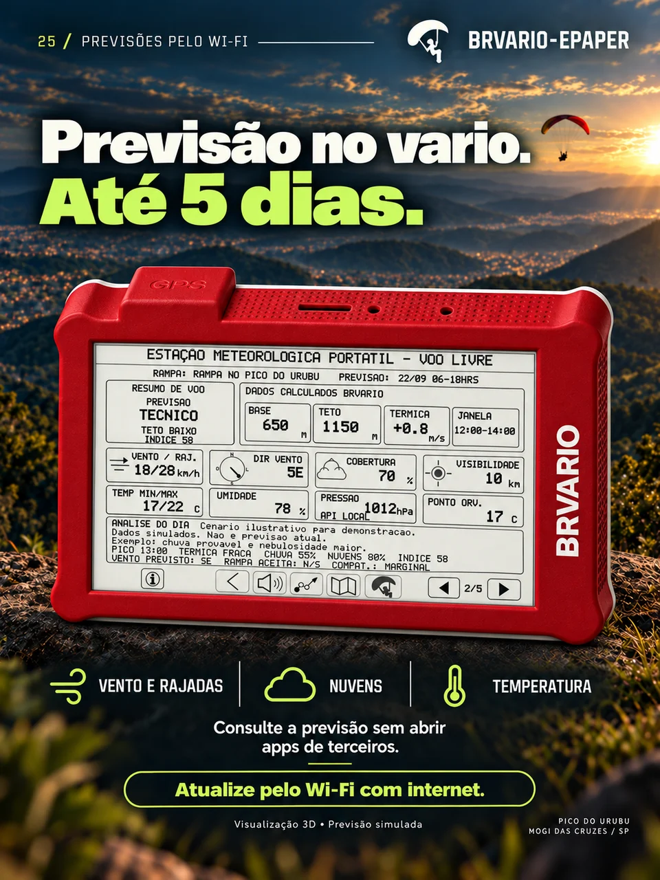 BRVARIO E-PAPER — Previsão no vario. Arte de divulgação com tela demonstrativa.